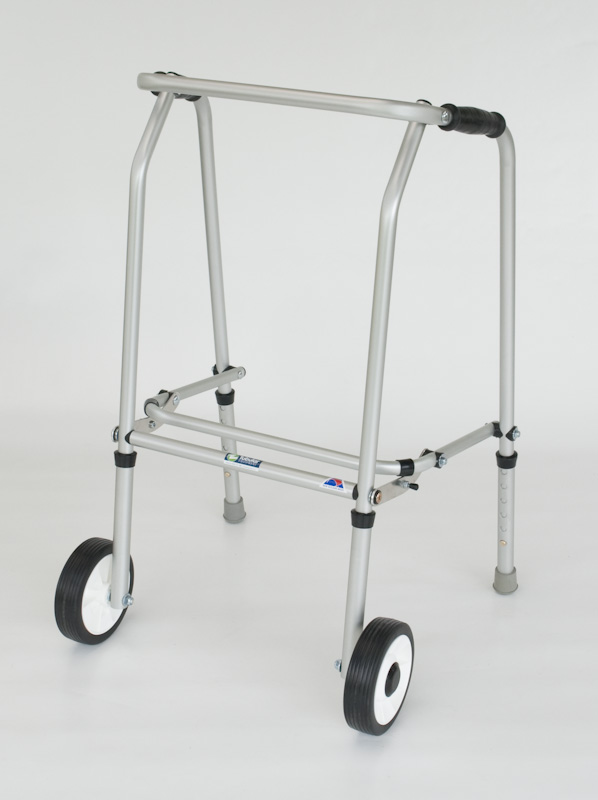 Aluminium Folding Adjustable Walker SHORT – 2 Wheels / 2 Rubber Feet